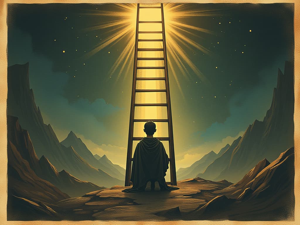  jacob, kneeling in wonder, divine ladder glowing above, celestial light, sacred and promising. an illustration in the style of a worn, mystical old tarot trump card, mysterious and elements of surrealism. the colors are muted, somber and eerie, but with contrast bring out an occult and esoteric vibe.