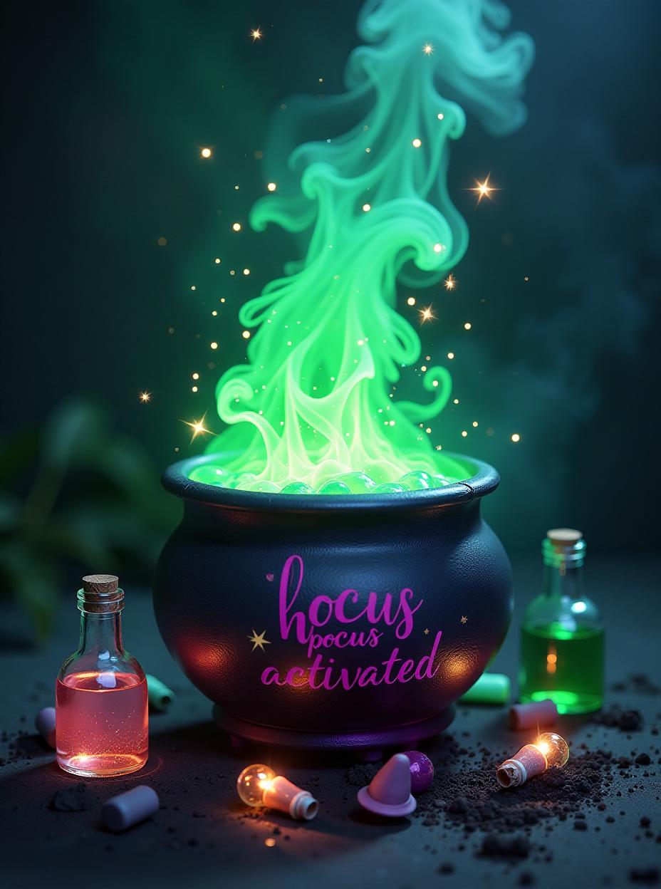  create a scene featuring a bubbling cauldron with green and purple magical smoke swirling out, forming shapes like stars, potion bottles, and mini witch hats. potion bottles, some broken and spilling glowing liquids, should be scattered around the cauldron. bright sparks fly from the bubbling liquid, indicating active magic. the phrase "hocus pocus mode activated" should be written in an enchanting, glowing font with stars and sparkles around it. use dark green and purple for the smoke, neon green for the bubbling liquid, and silver for the magical sparkles., high quality, high details, hd, perfect composition, 4k epic detailed, highly detailed, sharp focus, high resolution