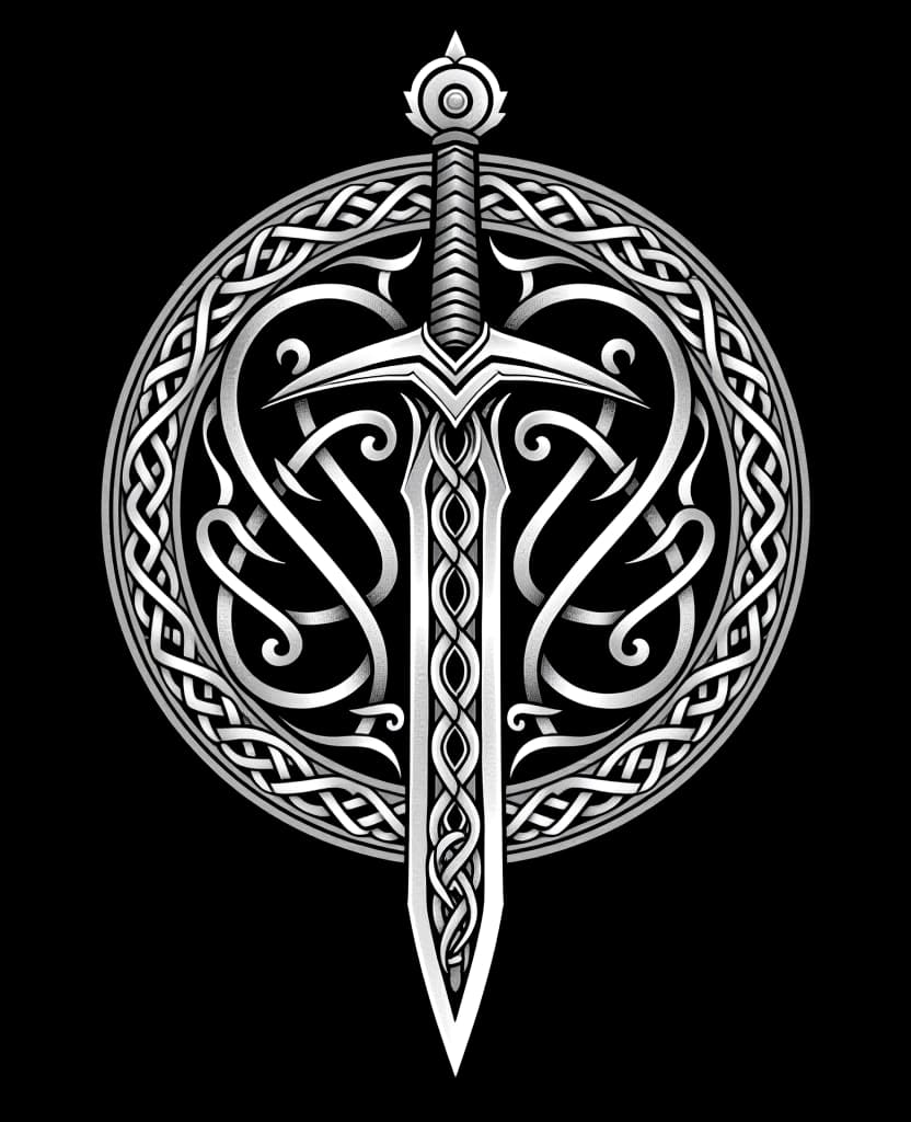  art deco style sketch of tattoo in celtic style. image in art deco and modern style. ethnic motifs. scandinavian style. celtic style. black background. abstract symbolic image. black and white complex weaving is made in the form of a battle sword with a smooth blade. pattern on the hilt. toning. ornament in the celtic style:: weaving, spirals. abstraction. geometric abstraction, interweaving ethnic motifs with strict geometry. breathtaking. complex curves, epicness, symbolism, symmetry of composition. sharp shapes: (runic ornament in the celtic style: 1,3). geometric patterns, dynamic interaction of complex gradient tonal transitions. on the background of a circle with celtic interlacing. modern abstract style, bright colors, 8k resolution.