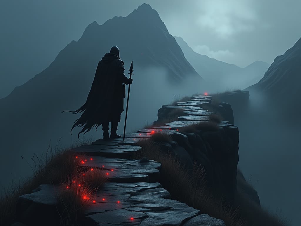  a winding mountain path, arduous ascent, misty peaks, sense of journey, perseverance.. the style is dark fantasy and mysterious occult, symbolic, moody lighting, esoteric vibe,high detail on character design. for the color scheme emphasize blacks and reds.