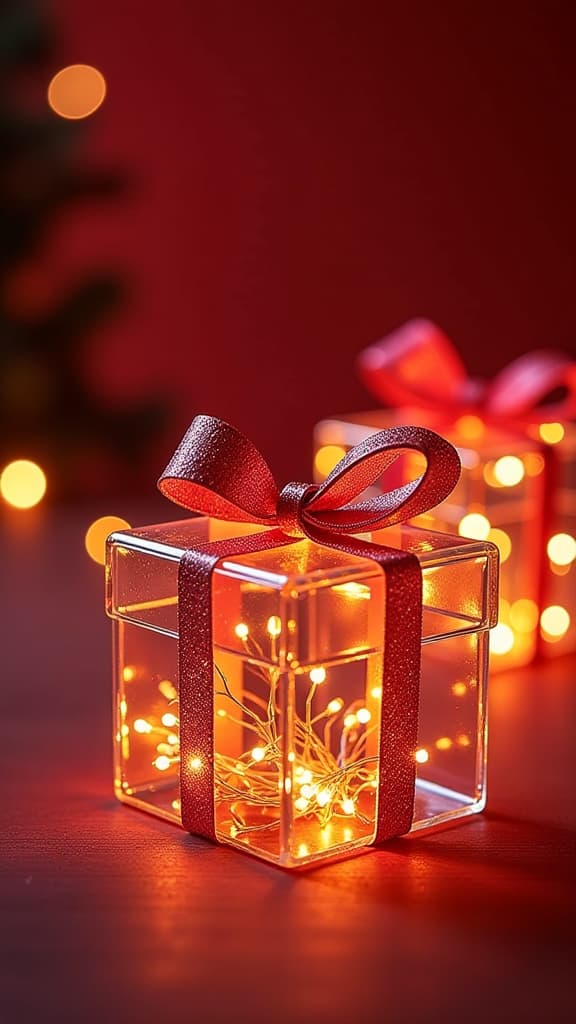  garland made from lot of glass transparent gift boxes, inside the boxes there are neon golden glowing lights, shape christmas gift without wood, festive blurred red background ar 9:16 {prompt}, maximum details