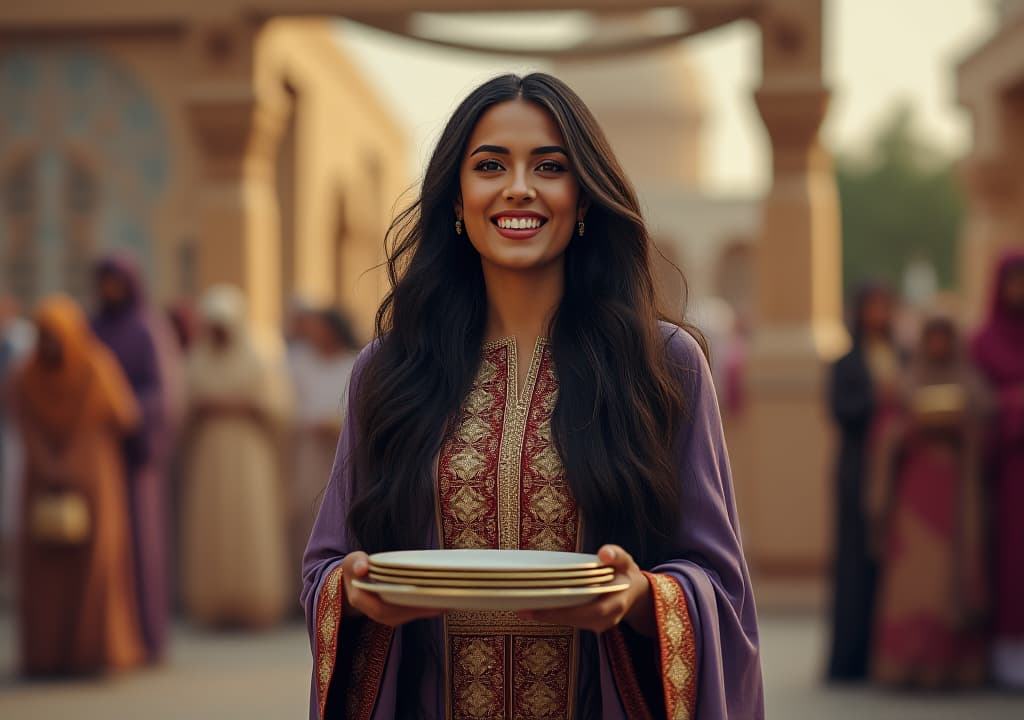  a portrait of a female arab singer looks like donia samir ghanim wearing a kaftan traditional qatar cloth,long black hair in a family gathering in an outdoor setting, family setting up tables, carrying plates with joy, for iftar of ramadan in an enchanting family joyful atmosphere with qatar landmark in the background, high quality, high details, hd, perfect composition, 4k epic detailed, highly detailed, sharp focus, high resolution