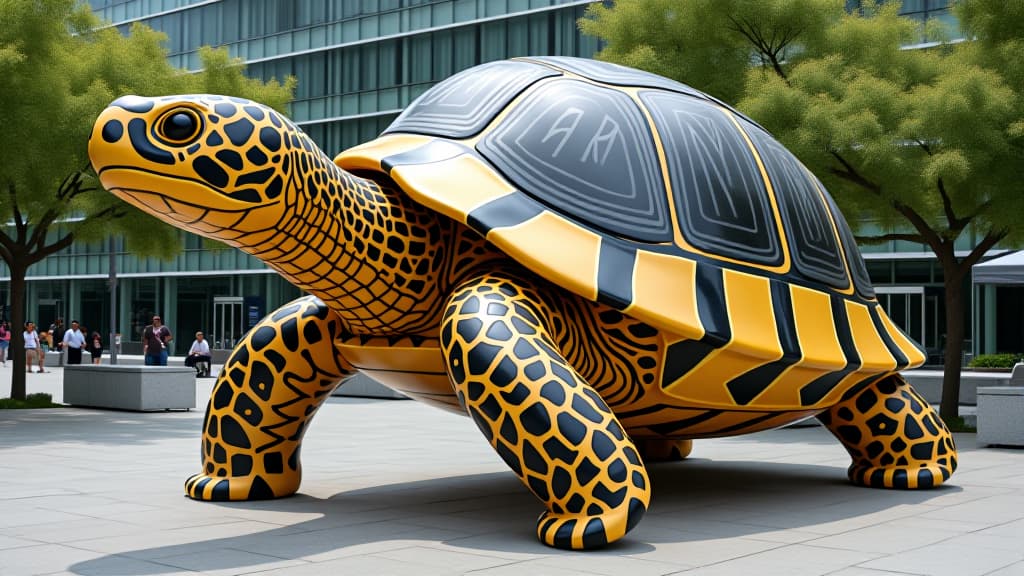  a large, colorful turtle sculpture stands in a public space, its shell adorned with black and yellow patterns.