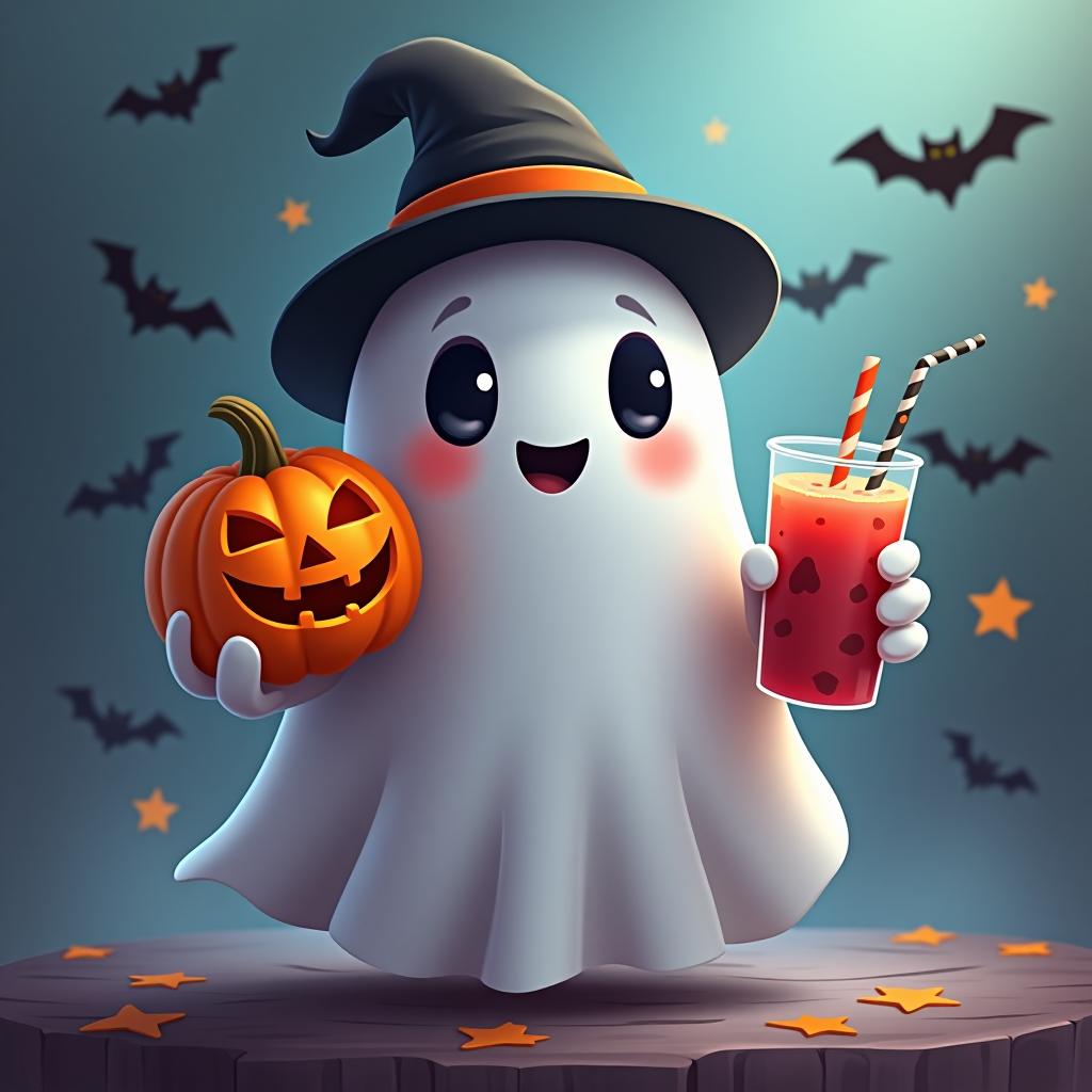  create a digital painting featuring a cute ghost character. the ghost should be wearing a hat. in one hand, the ghost should hold a pumpkin with a carved face, and in the other hand, a halloween themed drink. the background should be colorfull and include small black bats and stars to add a playful halloween touch. the overall style should be cute, whimsical, and colorful hyperrealistic, full body, detailed clothing, highly detailed, cinematic lighting, stunningly beautiful, intricate, sharp focus, f/1. 8, 85mm, (centered image composition), (professionally color graded), ((bright soft diffused light)), volumetric fog, trending on instagram, trending on tumblr, HDR 4K, 8K