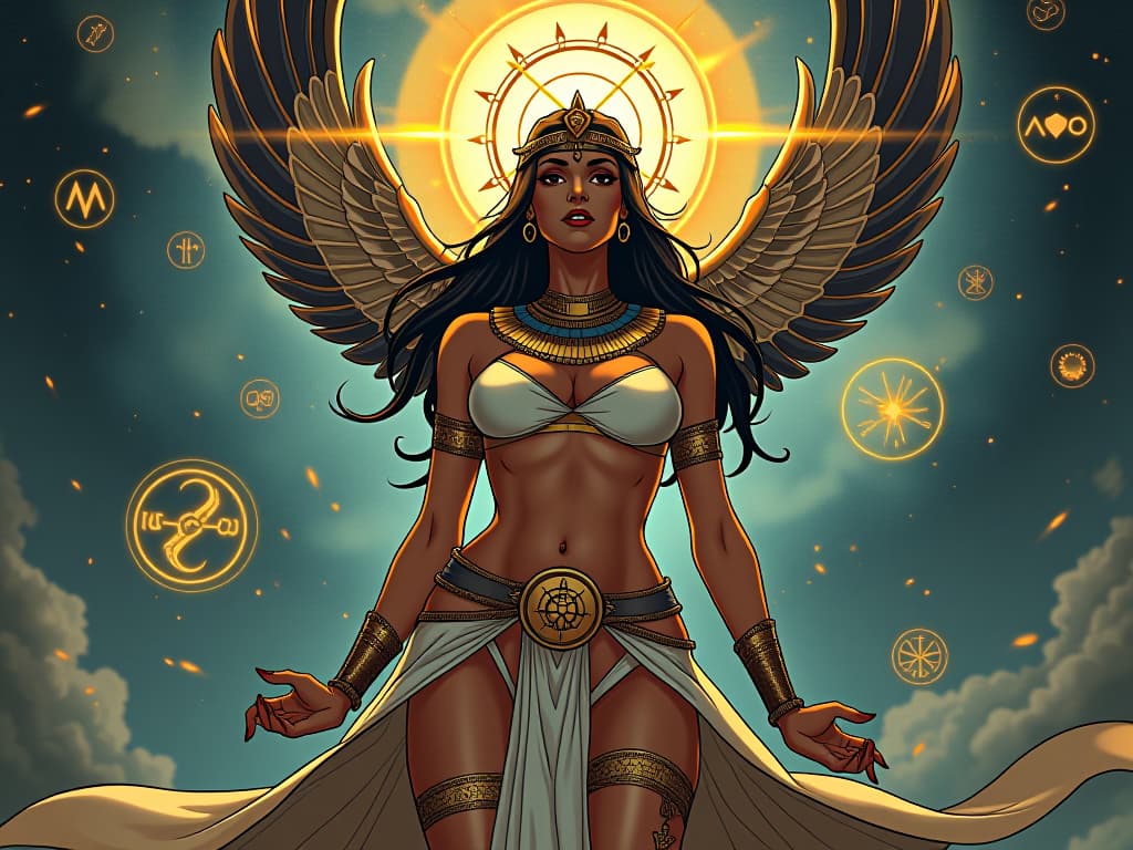  a celestial figure surrounded by floating cosmic symbols, large busted woman in tight attire, interpreting these symbols, channels of timeless truths, sense of divine communication. the style is digital art illustration / modern comic book / mysterious occult, symbolic, esoteric vibe,high detail on character design, incorporating ancient egyptian symbology and attire.