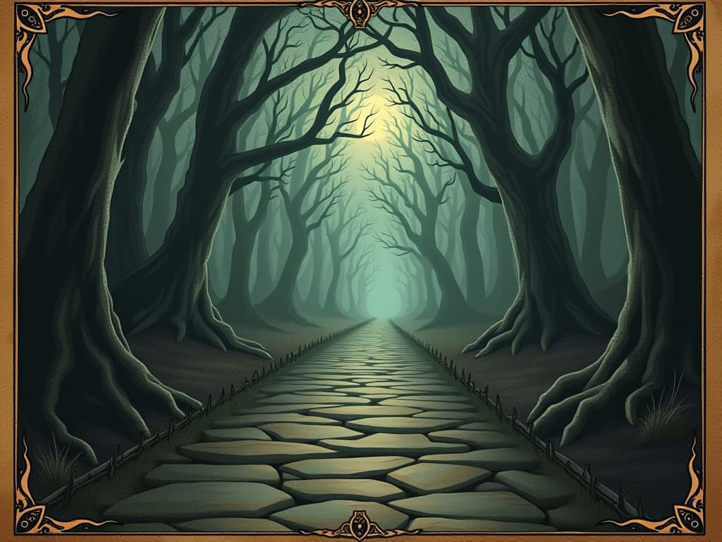  pathway lined with thorns, faint glimmers of light from above, background of a dense, eerie forest, atmosphere of perseverance and challenge. an illustration in the style of a worn, mystical old tarot trump card, mysterious and elements of surrealism. the colors are muted, somber and eerie, but with contrast bring out an occult and esoteric vibe.