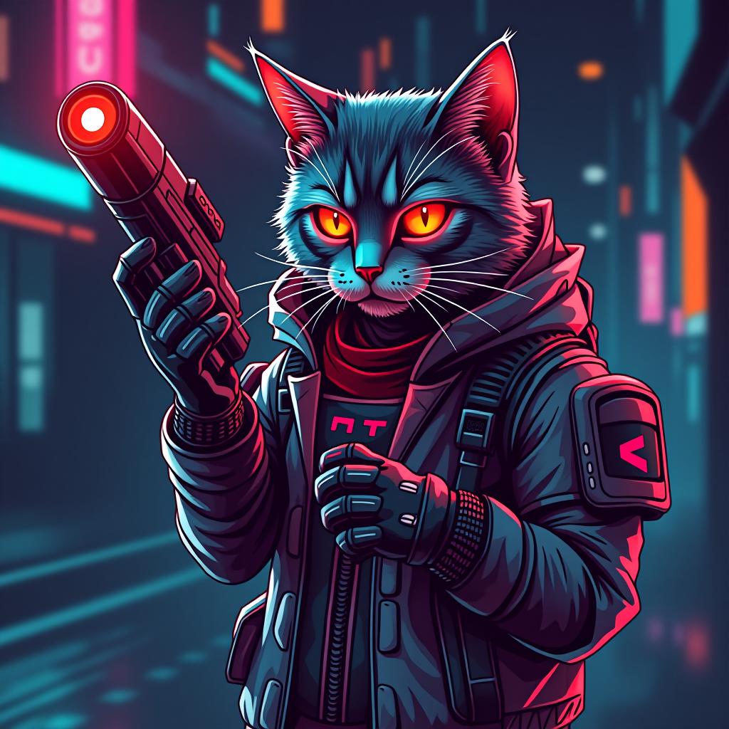  cyberpunk game style (1) strict cat 2) there should be a torn tank gun in one hand. (3) in the other hand, a circular logo named “nytro” . neon, dystopian, futuristic, digital, vibrant, detailed, high contrast, reminiscent of cyberpunk genre video games