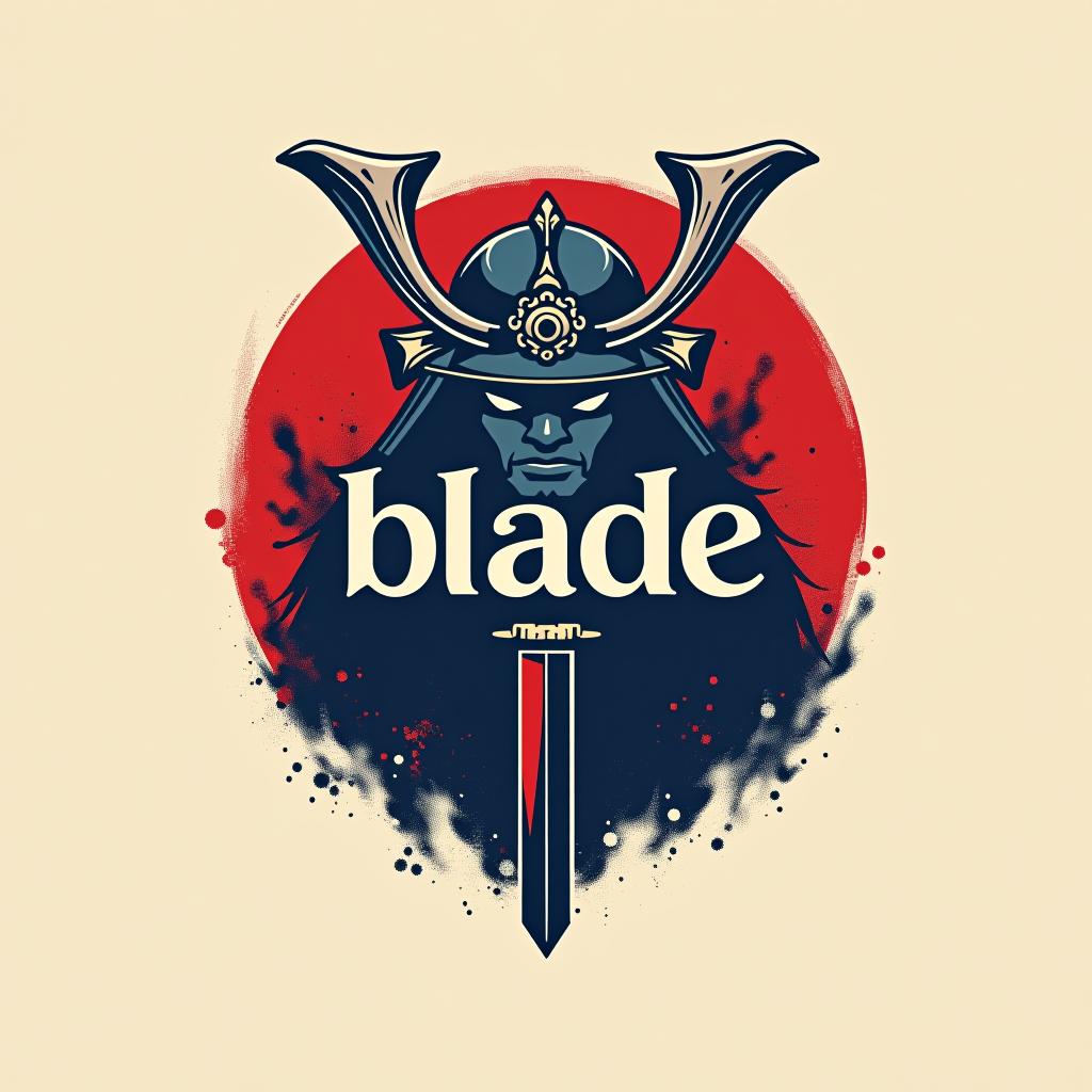  design a logo, emblem logo, with the written text ‘blade’, samurai theme, red and blue.