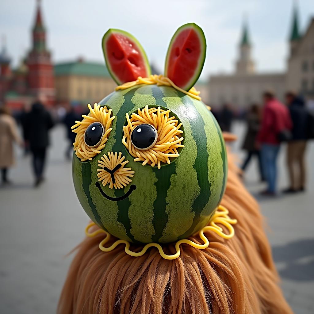  generate a watermelon with ears made of pasta sitting on a camel in the outskirts of moscow square.