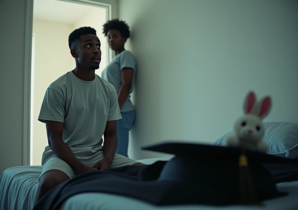  a young black african man in his twenties, wearing casual shorts and a t shirt, sits on the edge of a bed in a softly lit room. he is startled, looking up with surprise. next to him on the bed is a neatly laid out black graduation gown, with a white rabbit plush toy placed on top of it. standing in the doorway is emma, a young black african woman in her twenties, wearing casual clothing. she looks at liam with a mix of concern and curiosity. the room is quiet, with soft light from the hallway spilling in, creating a tense and unexpected atmosphere.