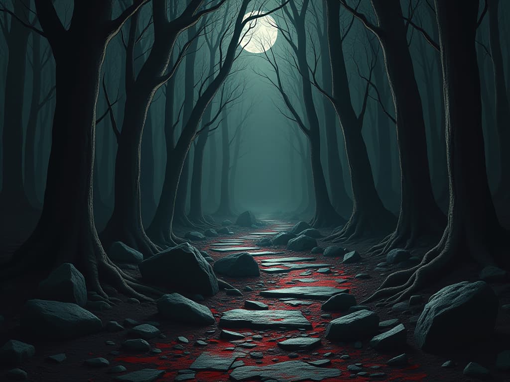  a winding, rocky path through a dark forest, symbols of struggle and perseverance along the path, dim moonlight filtering through trees, sense of challenge and resolve.. the style is dark fantasy and mysterious occult, symbolic, moody lighting, esoteric vibe,high detail on character design. for the color scheme emphasize blacks and reds.