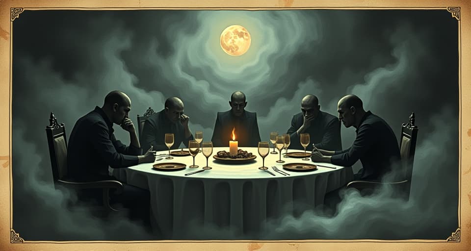  heavy, tense air depicted as dark, swirling fog around a dinner table, figures in strained postures, oppressive conflict. an illustration in the style of a worn, mystical old tarot trump card, mysterious and elements of surrealism. the colors are muted, somber and eerie, but with contrast bring out an occult and esoteric vibe.