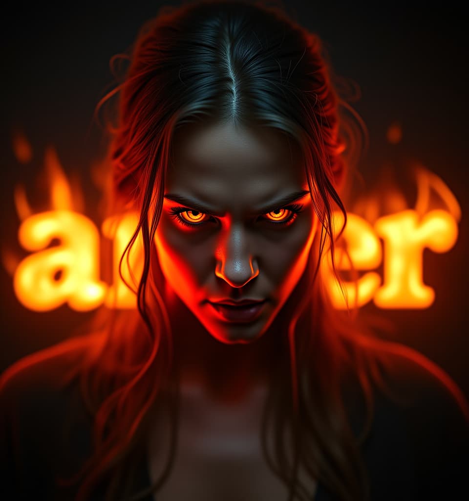  image of the emotion of anger, black background. angry woman, fire evil angry eyes, large fire letters across the woman, "anger":1.5 , dissolving textures, ultra high resolution rendering, photorealistic textures, dynamic and dramatic lighting, intricate details in the flames, surreal and otherworldly atmosphere, glowing and bright colors, smooth gradients. hyperrealistic, full body, detailed clothing, highly detailed, cinematic lighting, stunningly beautiful, intricate, sharp focus, f/1. 8, 85mm, (centered image composition), (professionally color graded), ((bright soft diffused light)), volumetric fog, trending on instagram, trending on tumblr, HDR 4K, 8K