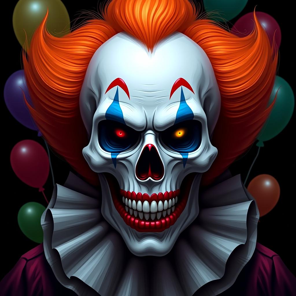  create a digital painting of a sinister clown themed skull. the skull should have bright orange clown hair, blue eye makeup around the eye sockets, a red nose, and red paint dripping from the mouth. the background should be black and include colorful balloons. the overall style should be dark, detailed, and visually striking.