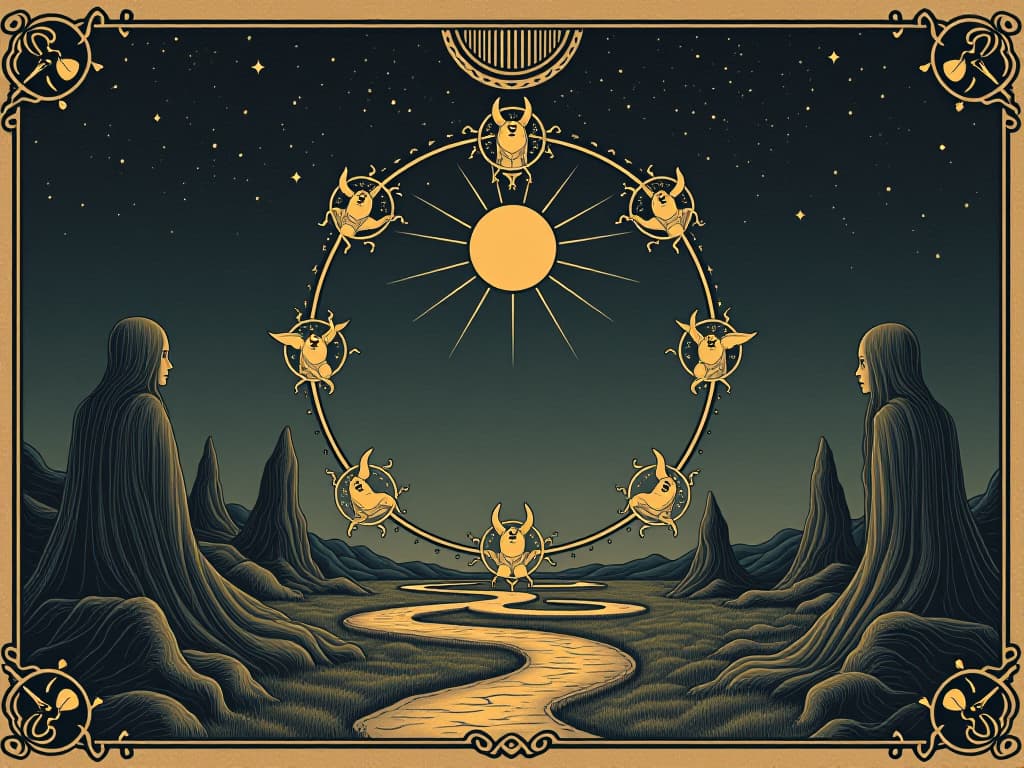  cycle of life and death, interconnected paths, circle of souls, night sky filled with stars, eternal nature of existence. an illustration in the style of a worn, mystical old tarot trump card, mysterious and elements of surrealism. the colors are muted, somber and eerie, but with contrast bring out an occult and esoteric vibe.