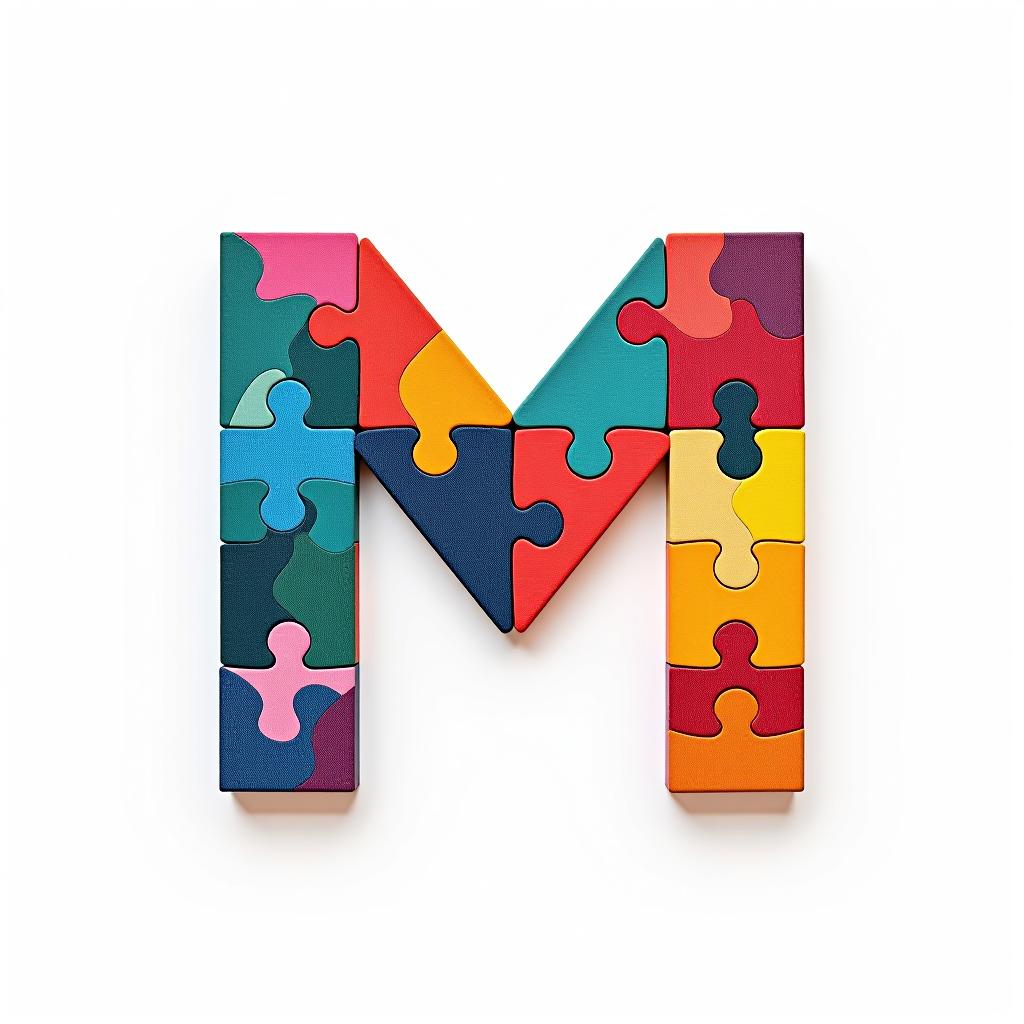  design a logo abstract logo of letter m from colored puzzles on white background.