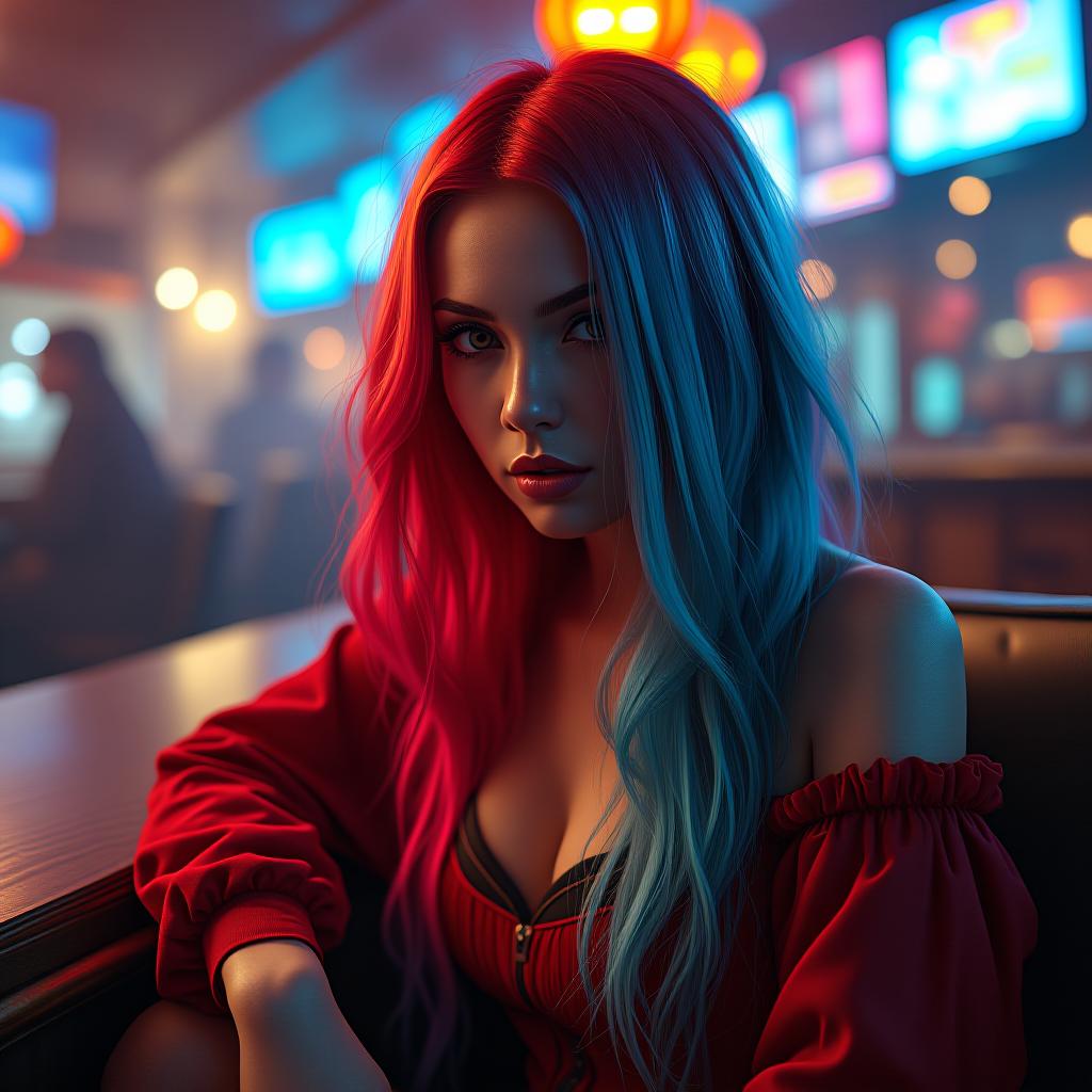  red and blue haired woman, sitting cyberpunk bar hyperrealistic, full body, detailed clothing, highly detailed, cinematic lighting, stunningly beautiful, intricate, sharp focus, f/1. 8, 85mm, (centered image composition), (professionally color graded), ((bright soft diffused light)), volumetric fog, trending on instagram, trending on tumblr, hdr 4k, 8k hyperrealistic, full body, detailed clothing, highly detailed, cinematic lighting, stunningly beautiful, intricate, sharp focus, f/1. 8, 85mm, (centered image composition), (professionally color graded), ((bright soft diffused light)), volumetric fog, trending on instagram, trending on tumblr, HDR 4K, 8K