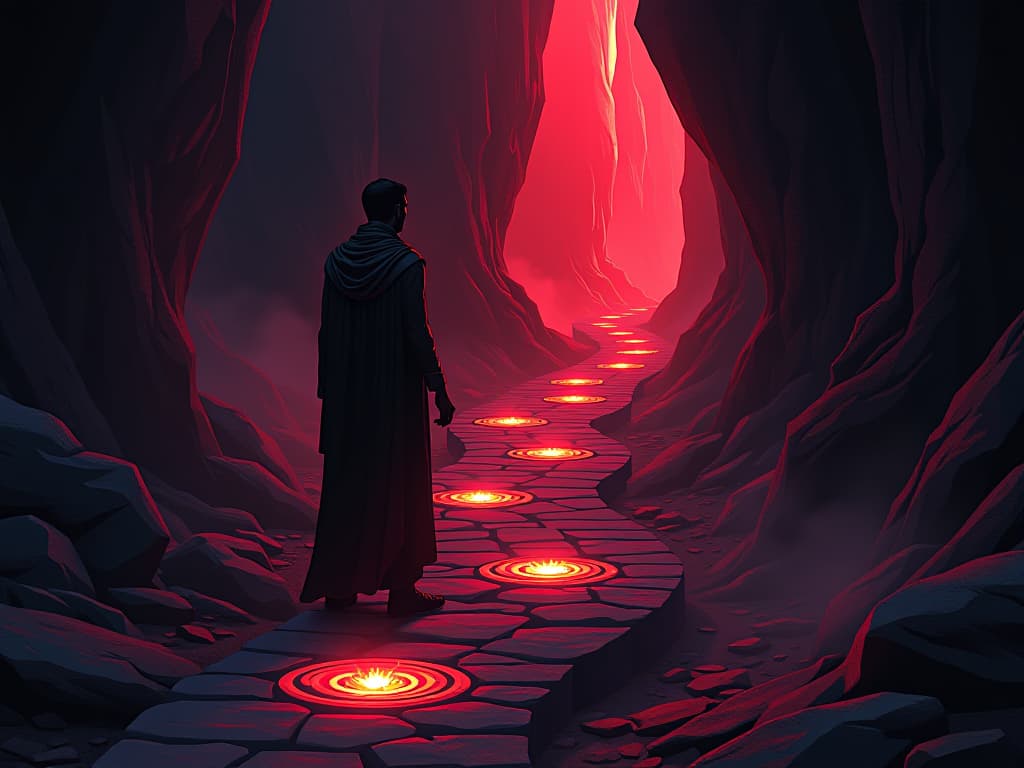  path lined with glowing crystals, making every step clear, symbolizing alignment with truth. the style is digital art illustration / modern comic book / graphic dark novel fantasy and mysterious occult, symbolic, moody lighting, esoteric vibe,high detail on character design. for the color scheme emphasize blacks and reds.