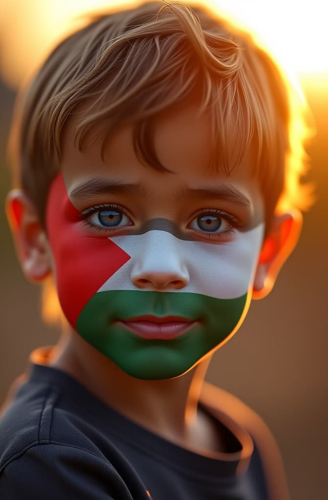  imagine prompt: a child with gentle and charming features, his bright blue eyes sparkling with innocence. the palestinian flag is meticulously painted across his face, each color bold and vivid. his soft expression and the flag’s powerful symbolism create a striking image of hope and peace. the background is a warm, golden hour sunset, casting a soft glow on the child’s face. photographed by annie leibovitz's style using a sony alpha 7r iv with a 24 70mm lens, natural light with soft studio fill light, 8k, ultra hd, super resolution. v 5 q 2, anime, realistic shaded perfect face, fine details. anime. realistic shaded lighting by ilya kuvshinov krenz cushart katsuhiro otomo, magali villeneuve, artgerm, rutkowski jeremy lipkin and giu hyperrealistic, full body, detailed clothing, highly detailed, cinematic lighting, stunningly beautiful, intricate, sharp focus, f/1. 8, 85mm, (centered image composition), (professionally color graded), ((bright soft diffused light)), volumetric fog, trending on instagram, trending on tumblr, HDR 4K, 8K