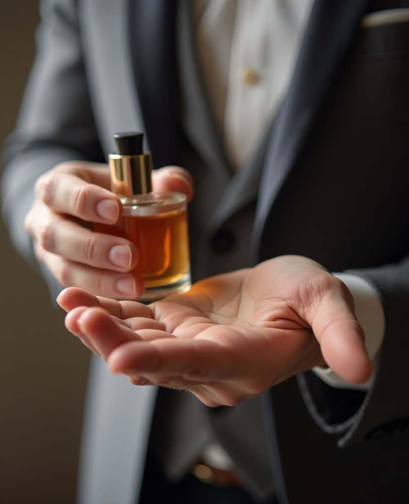  man demonstration of the process of applying perfume on the wrist using perfume, hands, it is convenient to use our product