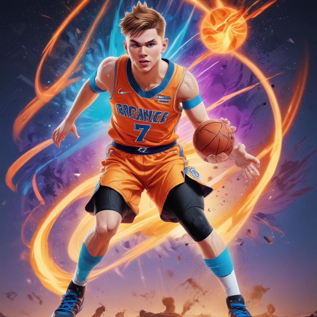 distance-shot, flashy, full-body, dynamic, holographic, animated cartoon poster of luka doncic in the style of dragon ball super