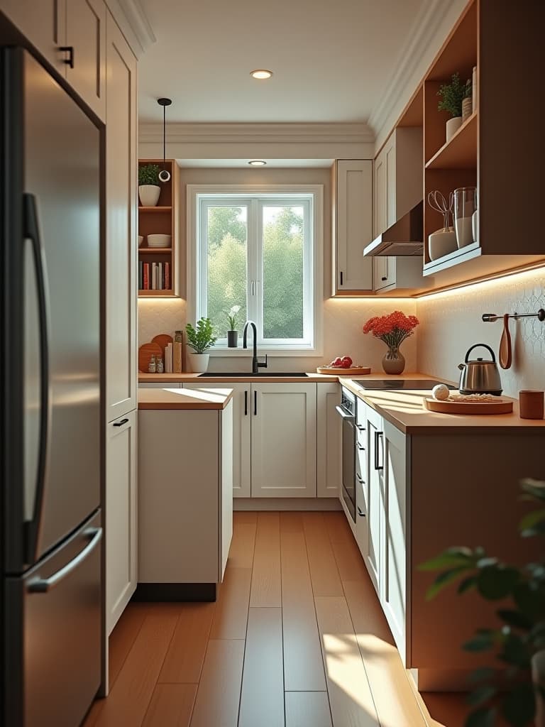  high quality portrait photo of a small kitchen with floor to ceiling cabinetry, a hidden appliance garage, and a compact rolling island that can be tucked away when not in use hyperrealistic, full body, detailed clothing, highly detailed, cinematic lighting, stunningly beautiful, intricate, sharp focus, f/1. 8, 85mm, (centered image composition), (professionally color graded), ((bright soft diffused light)), volumetric fog, trending on instagram, trending on tumblr, HDR 4K, 8K