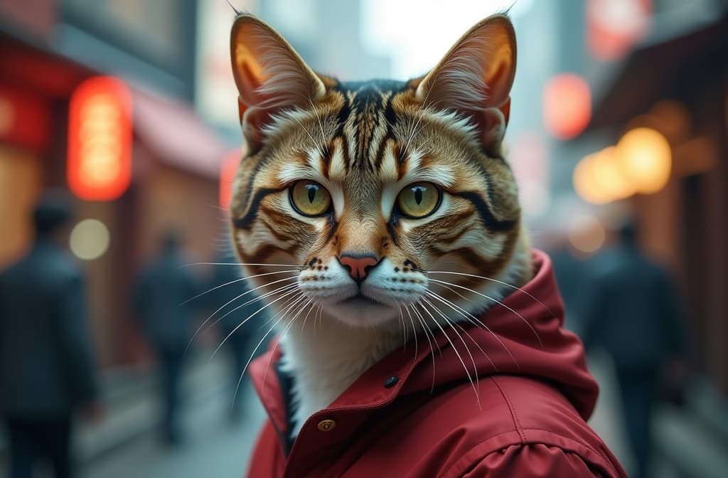  realistic japanese cats in osaka, japan, realistic, portrait, art by donato giancola and greg rutkowski, realistic face, digital art, trending on artstation hyperrealistic, full body, detailed clothing, highly detailed, cinematic lighting, stunningly beautiful, intricate, sharp focus, f/1. 8, 85mm, (centered image composition), (professionally color graded), ((bright soft diffused light)), volumetric fog, trending on instagram, trending on tumblr, HDR 4K, 8K