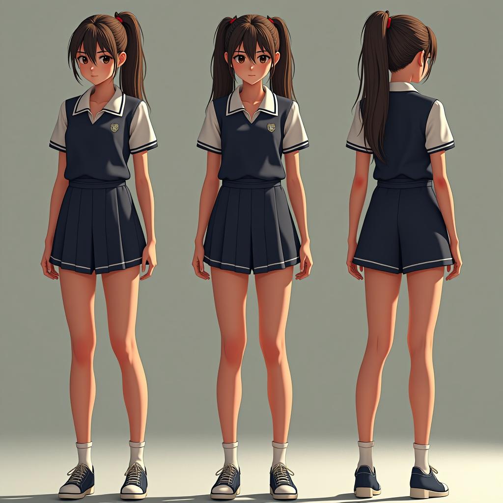  in full growth + highly detailed + schoolgirl + tanned skin + skinny + sport suit + long legs + ponytail hair + a sly squint + smile + smirk + l(character, front, side and back views concept art) + artwork + colored + 8k + hdr hyperrealistic, full body, detailed clothing, highly detailed, cinematic lighting, stunningly beautiful, intricate, sharp focus, f/1. 8, 85mm, (centered image composition), (professionally color graded), ((bright soft diffused light)), volumetric fog, trending on instagram, trending on tumblr, HDR 4K, 8K