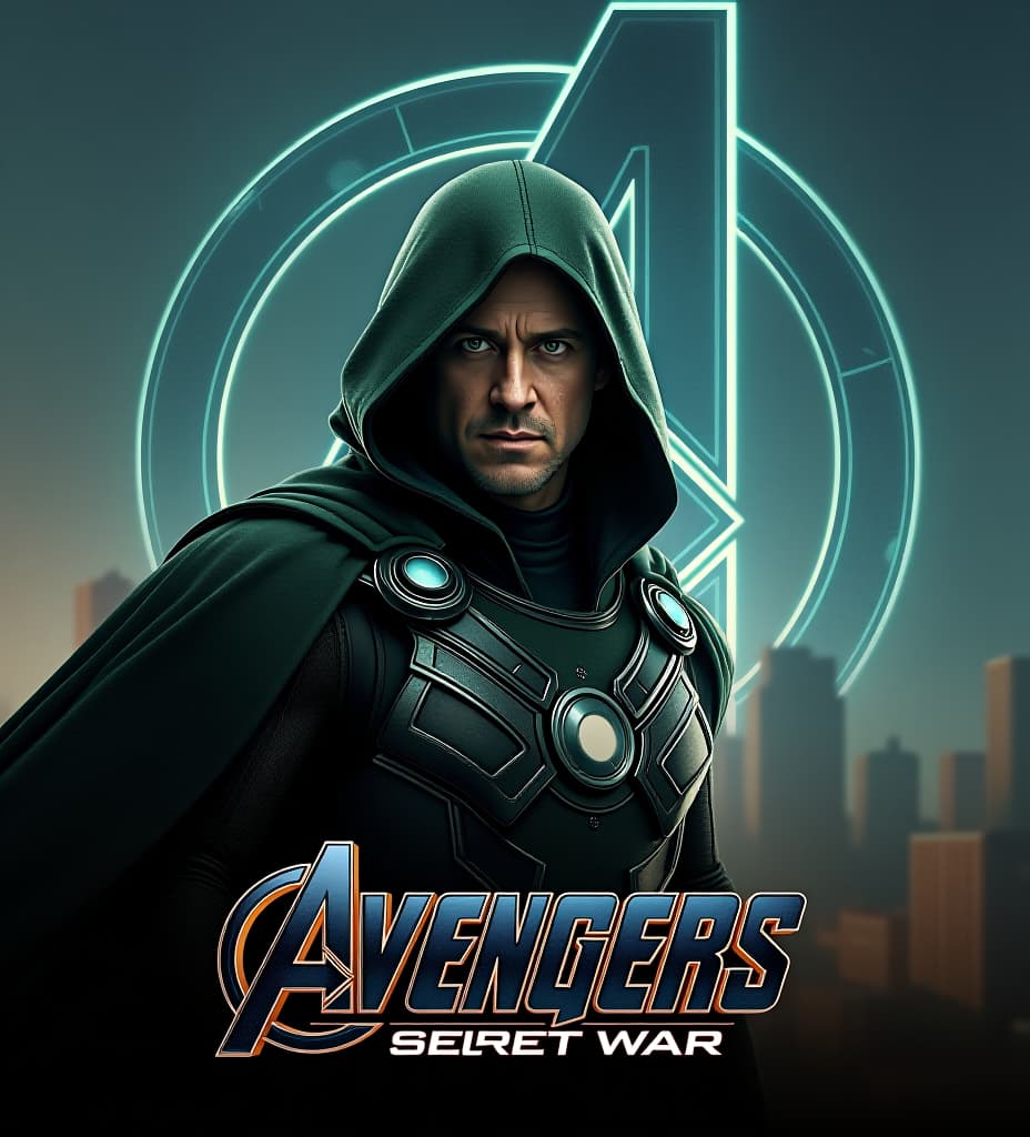  good quality, high quality, a hyper realistic movie poster for "avengers secret war" starring robert downey jr. as doctor doom. he is depicted with a sinister expression, wearing a heavily armored, dark green cloak. the background shows a war torn city in shadows, with the avengers logo partially illuminated by crackling energy.