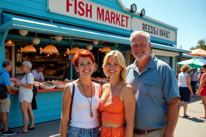  a vibrant scene set in front of a striking blue building, which is a fish market filled with colorful displays of fresh seafood. in the foreground, a short blonde woman with a stylish outfit and a friendly smile stands confidently, next to her is a short red haired woman with a bright dress and an inviting expression, together they radiate warmth. a tall, slightly overweight blonde man stands beside them, dressed in casual attire, looking cheerful and engaged. the setting is lively with bustling customers and bright signs showcasing various types of fish, all under a clear blue sky.