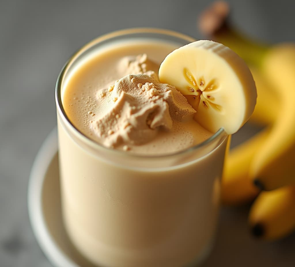  closeup of banana smoothie with protein powder in a glass. blended vegetarian shake drink, vegan whey after workout or training in the gym, bodybuilding supplement