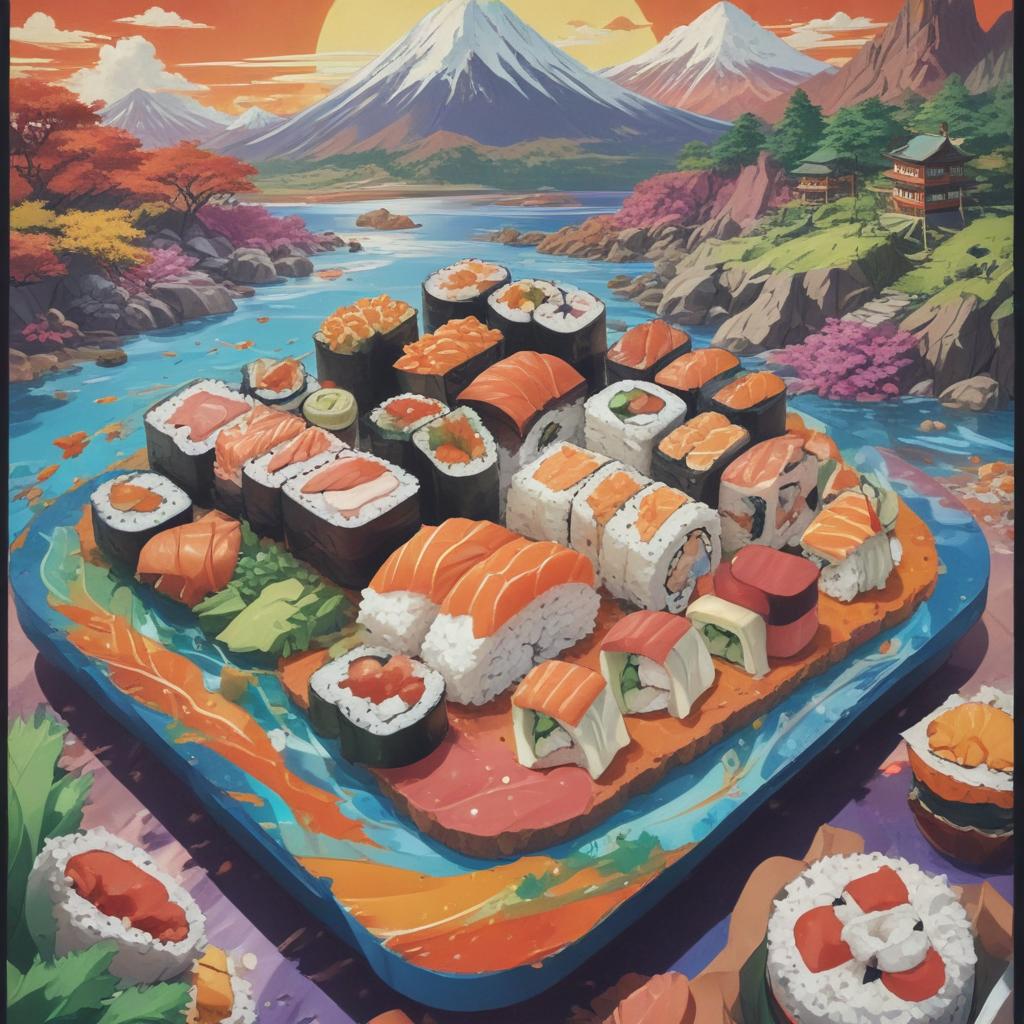 distance-shot, flashy, full-body, dynamic, holographic, animated cartoon poster of sushi scenery in the style of dragon ball super