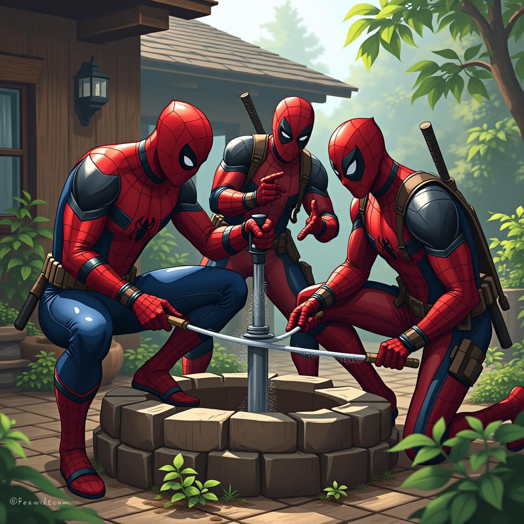  spider man, deadpool, and jack sparrow are drilling a well at a summer house.