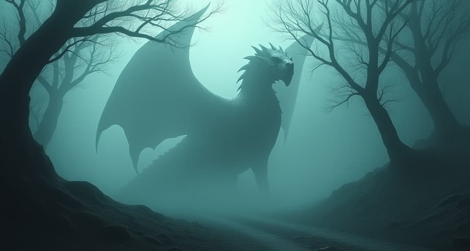  ethereal landscape with a sorrowful dragon shrouded in mist, ancient trees around, mood of cruel reality. the style is digital art illustration,highly detailed, whimsical,magical, dreamlike atmosphere, realism and fantasy blend, smooth, glossy textures,luminous quality, wonder and enchantment.