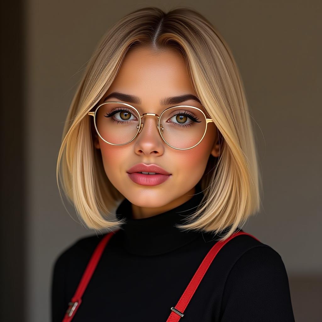  make an image of a girl with blonde bob cut and olive tan skin and brown eyes wearing y2k gold rim oval prescription glasses and wearing y2k cute outfit in black and red