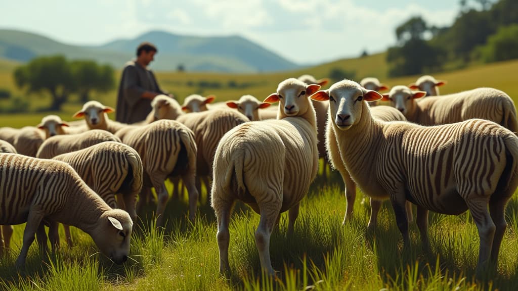  biblical times, jacob's salary: a vivid scene depicting striped and spotted sheep grazing in a lush pasture, under a bright sky, showcasing various patterns on the sheep's wool. the background includes rolling hills and trees, with jacob tending to his flock, highlighting the unique beauty of these animals. hyperrealistic, full body, detailed clothing, highly detailed, cinematic lighting, stunningly beautiful, intricate, sharp focus, f/1. 8, 85mm, (centered image composition), (professionally color graded), ((bright soft diffused light)), volumetric fog, trending on instagram, trending on tumblr, HDR 4K, 8K