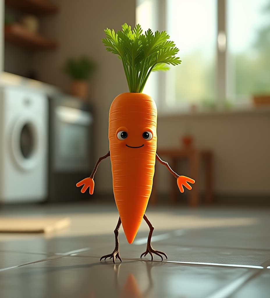  photorealistic render of a carrot with human characteristics, walking upright on two legs made of roots, with a small smile and expressive eyes. the carrot is placed in a kitchen environment, with reflections on the glossy floor, depth of field focus, 8k ultra realistic details.