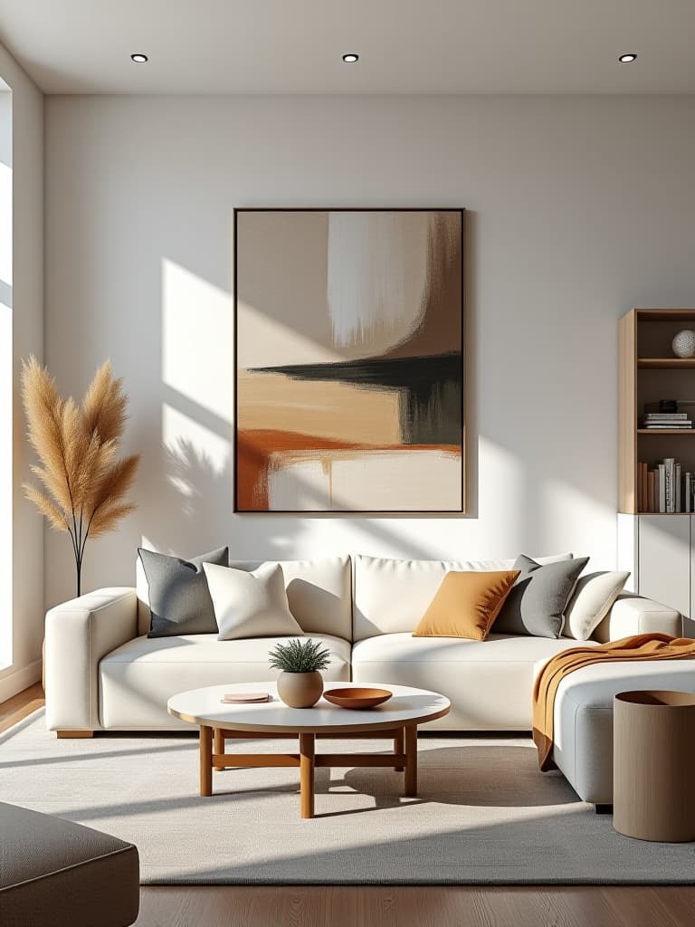  high quality portrait photo of a minimalist living room with a focal point of a large, abstract piece of art on a crisp white wall, complemented by a few carefully curated decor items and plenty of negative space hyperrealistic, full body, detailed clothing, highly detailed, cinematic lighting, stunningly beautiful, intricate, sharp focus, f/1. 8, 85mm, (centered image composition), (professionally color graded), ((bright soft diffused light)), volumetric fog, trending on instagram, trending on tumblr, HDR 4K, 8K