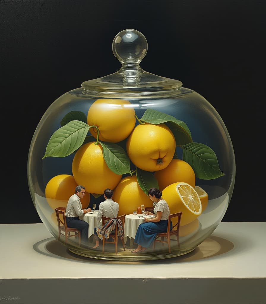  hyperrealistic art painting. oil painting. (a glass lemon storage vessel, with a glass lid in the shape of a dome, houses a miniature cafe with tables and with visitors:1.5). surrealism style. high detail. high resolution . extremely high resolution details, photographic, realism pushed to extreme, fine texture, incredibly lifelike