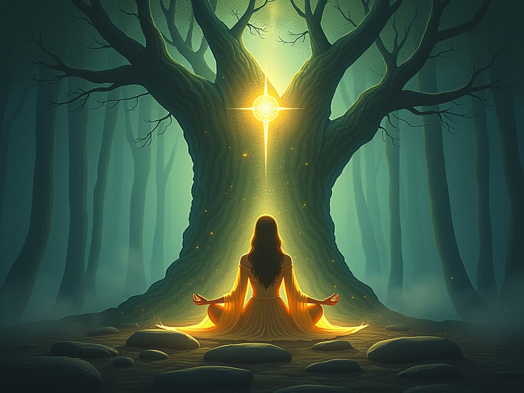  an ethereal seeker, dressed in flowing, glowing attire, meditating beneath a luminous, ancient tree in a serene forest. magical runes and symbols float around, indicating a deep commitment to the spiritual journey.. the style is digital art illustration,highly detailed, whimsical,magical, dreamlike atmosphere, realism and fantasy blend, smooth, glossy textures,luminous quality, wonder and enchantment.