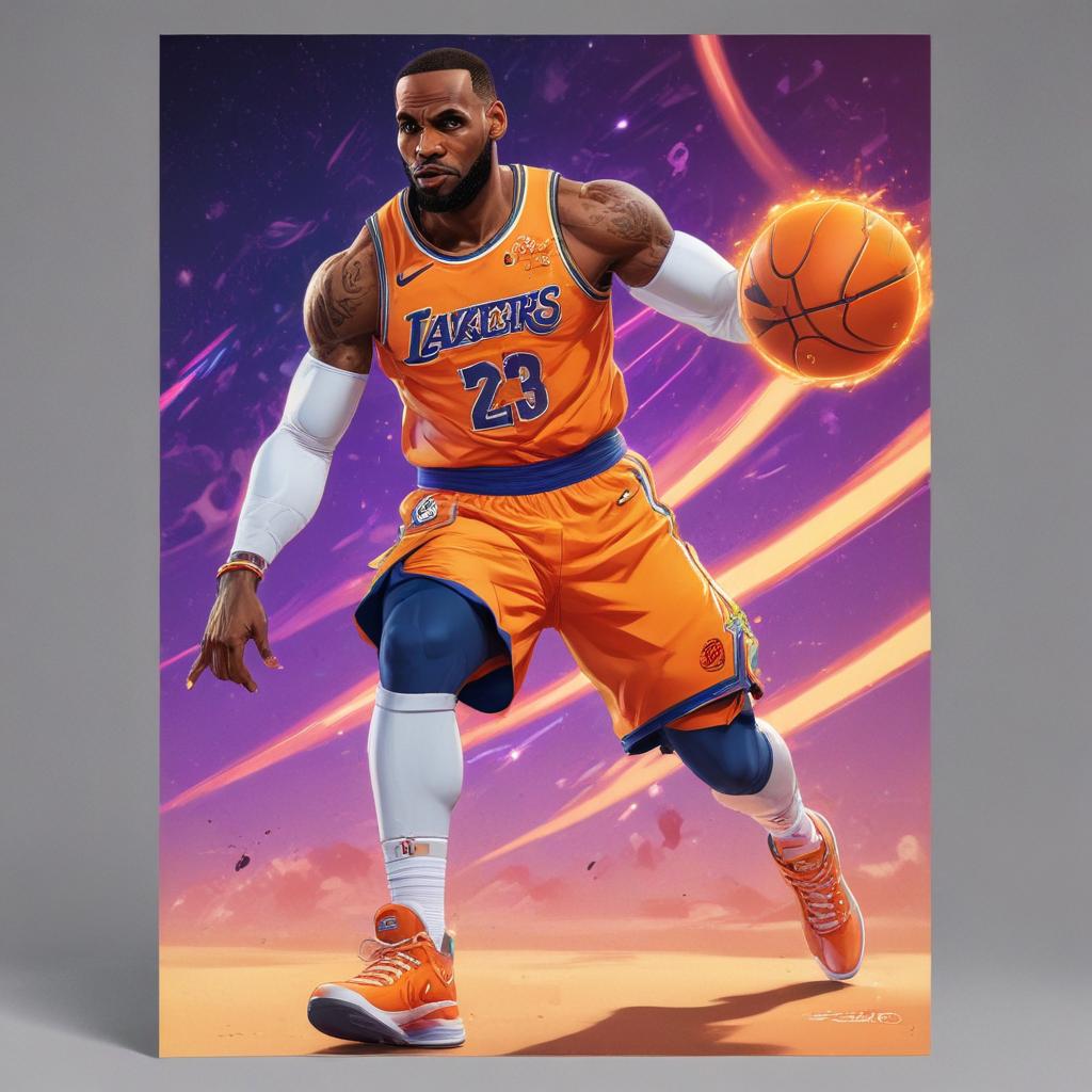 distance-shot, flashy, full-body, dynamic, holographic, animated cartoon poster of lebron james in the style of dragon ball super