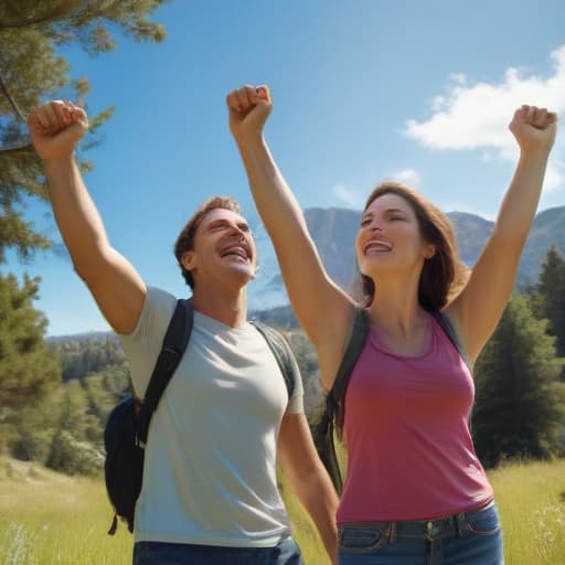 A photorealistic image of a healthy smiling man and woman with their arms up in excitement hiking in a beautiful serene area with a deep blue sky and greenery