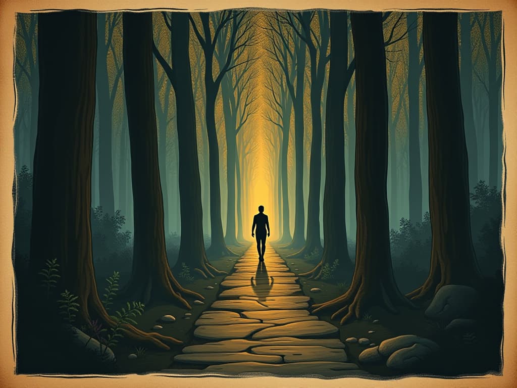  a lone figure walking a narrow, illuminated path through a dark forest, guided by inner light, trust, confidence, determined steps. an illustration in the style of a worn, mystical old tarot trump card, mysterious and elements of surrealism. the colors are muted, somber and eerie, but with contrast bring out an occult and esoteric vibe.