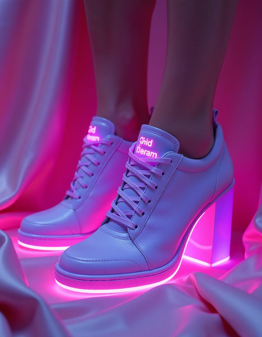  hyperrealistic art a masterpiece. oil painting.(a pair of women's glamorous lilac leather heeled trainers with glowing neon purple lighting:1.5). on the sole is a neon glowing lettering (‘artgeneration.me’:1.6). against a background of soft pink satin cut off drapery fabric. intense close up. surrealism style. high detail. high quality. high resolution. . extremely high resolution details, photographic, realism pushed to extreme, fine texture, incredibly lifelike