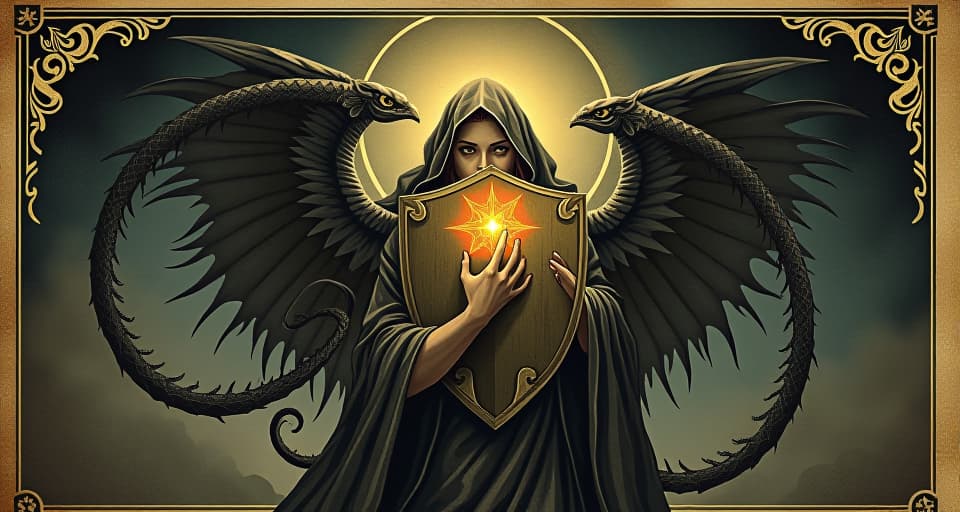  a figure holding a radiant shield, dark venomous attacks deflecting off, protection, divine armor, resilience against malevolence. an illustration in the style of a worn, mystical old tarot trump card, mysterious and elements of surrealism. the colors are muted, somber and eerie, but with contrast bring out an occult and esoteric vibe.