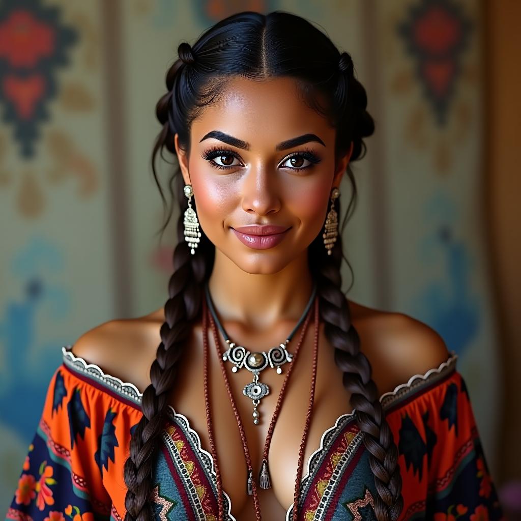  make an image of a mexican woman with two dutch braids dressed boho