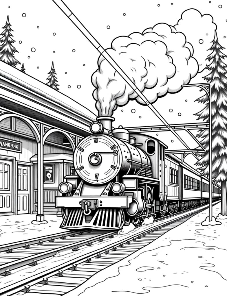  this is for an adult coloring page. a detailed black and white line art of a snowy snow covered train station with a steam engine arriving on a solid white background.