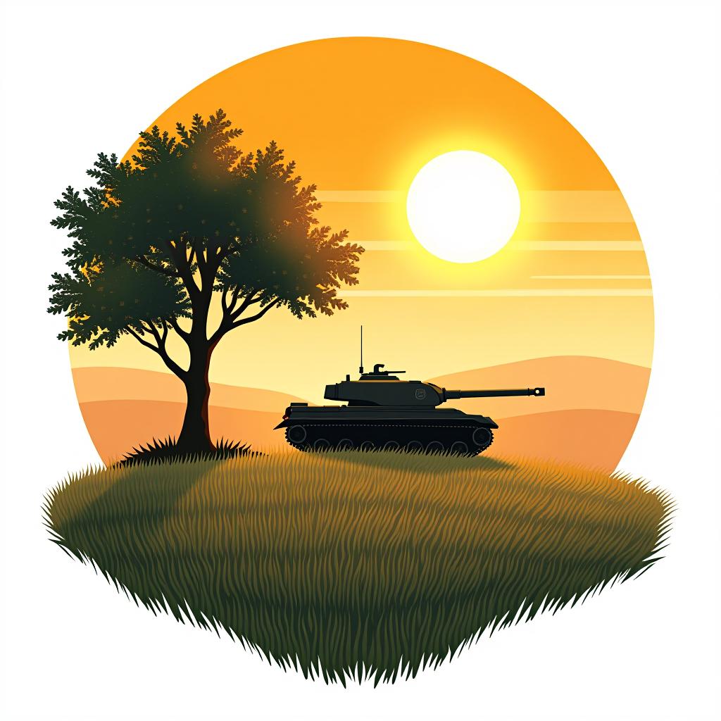  sun,tank,tree,field , (logo:1.15), hq, hightly detailed, 4k