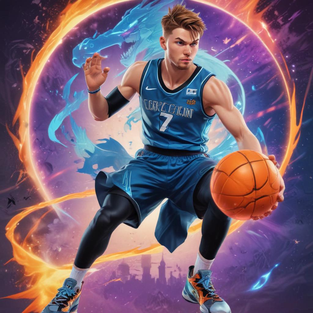 distance-shot, flashy, full-body, dynamic, holographic, animated cartoon poster of luka doncic in the style of dragon ball super