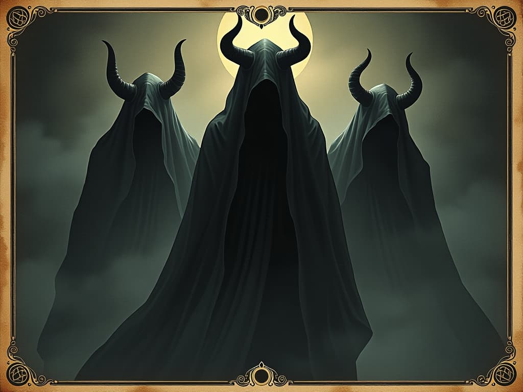  shrouded figures in the dark, faint outline of devilish features, air of menace, looming shadows, sinister atmosphere. an illustration in the style of a worn, mystical old tarot trump card, mysterious and elements of surrealism. the colors are muted, somber and eerie, but with contrast bring out an occult and esoteric vibe.